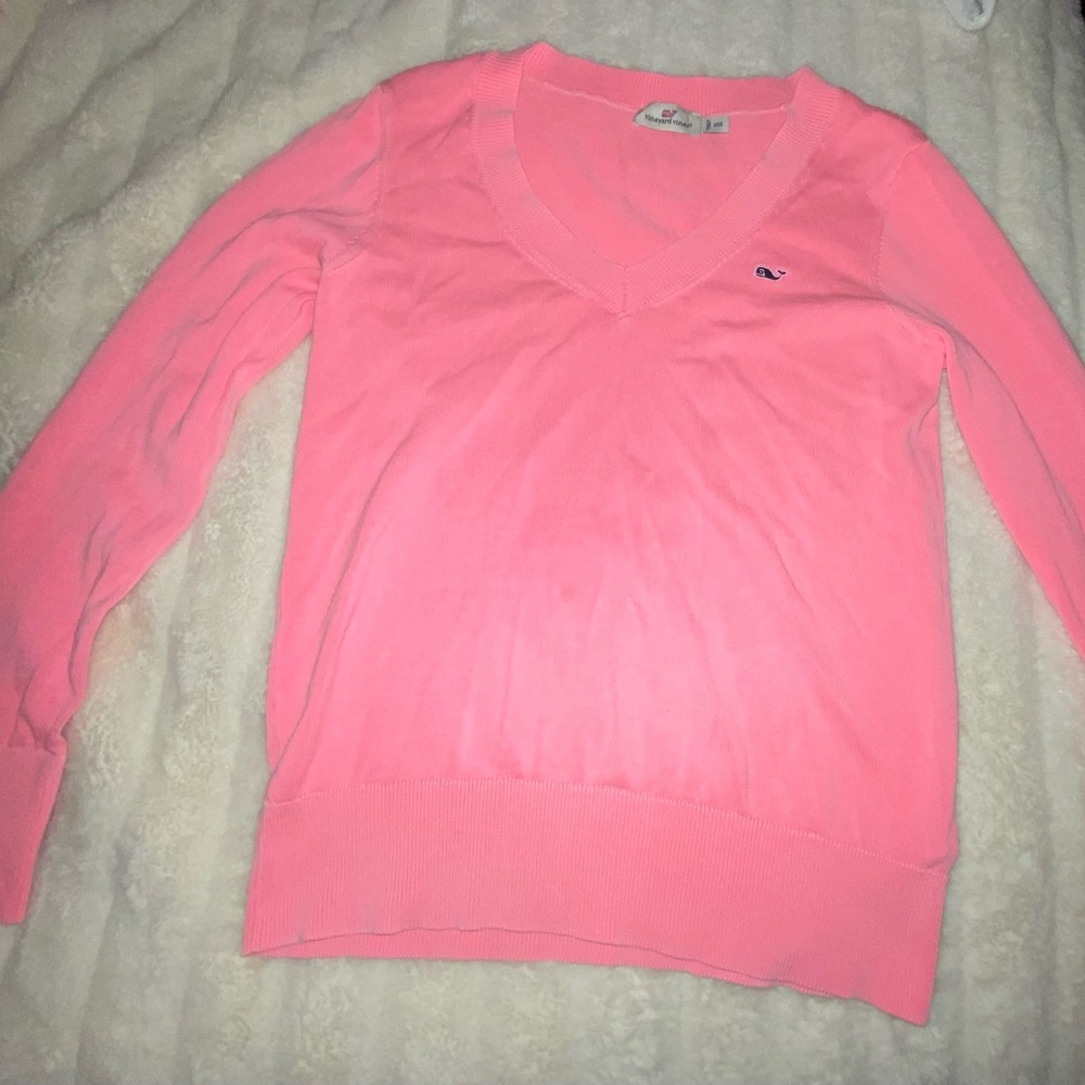 Vineyard Vines Neon Pink V-Neck 100% cotton Sweater Knit pullover XXS Dopamine